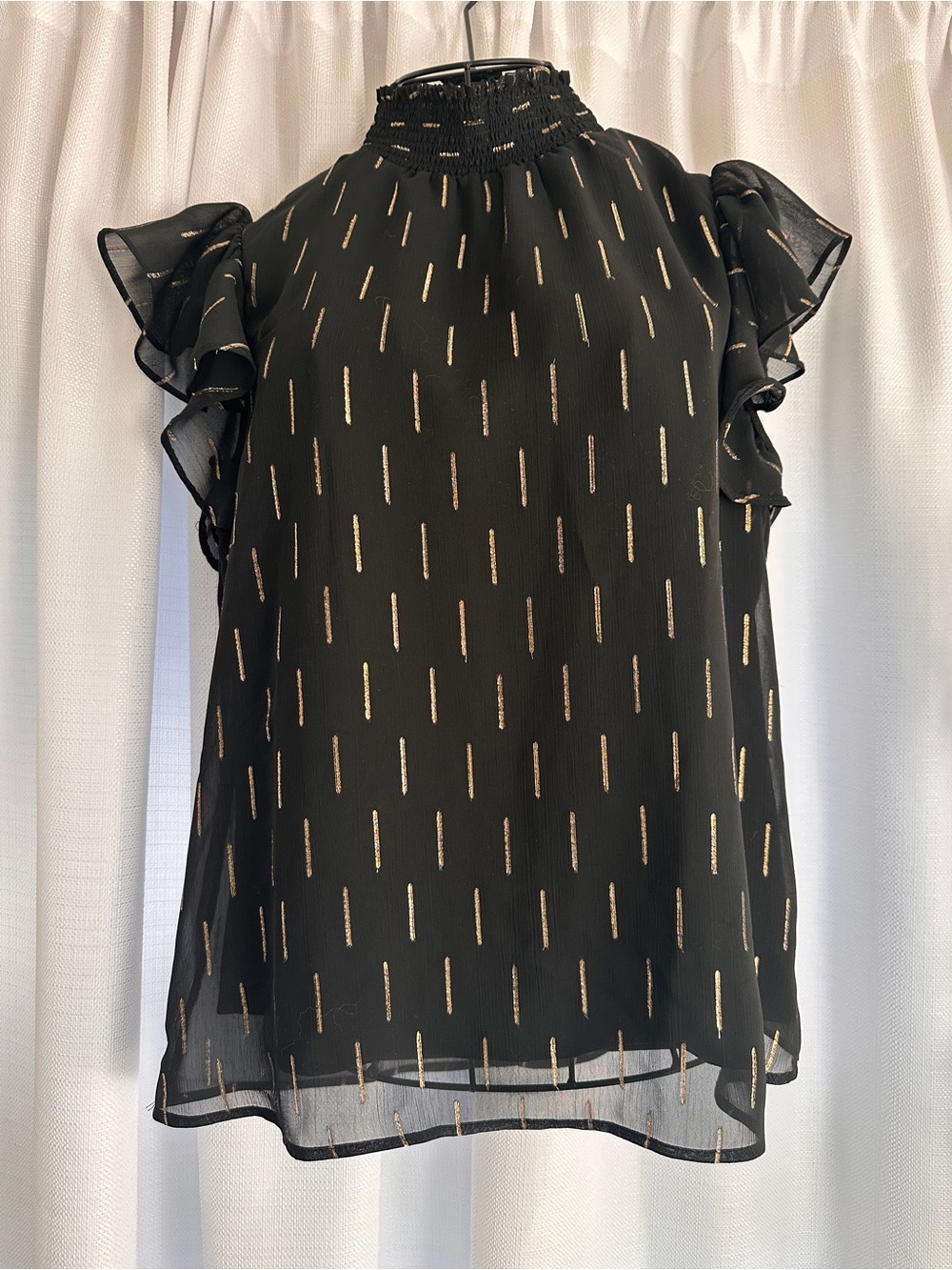 CeCe Black Sheer Blouse with Gold Stripe Accents and Ruffled Sleeves